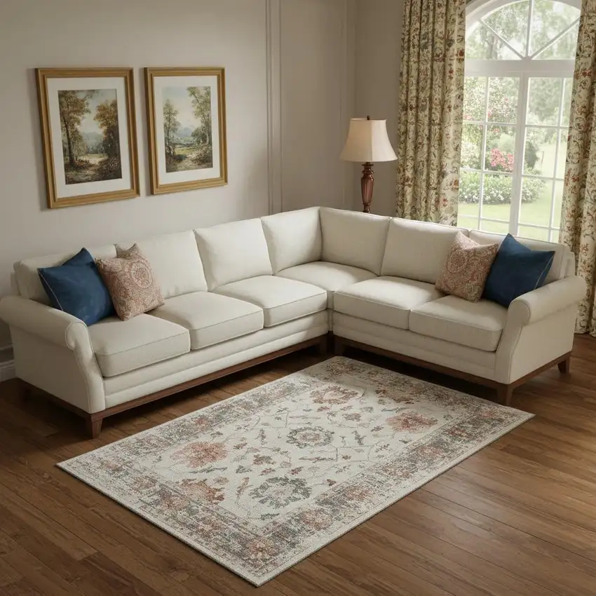 Linen Ivory And Salmon Oriental Washable Area Rug With UV Protection Photo 2