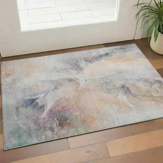 Linen Peach And Ivory Abstract Washable Area Rug With UV Protection Photo 2