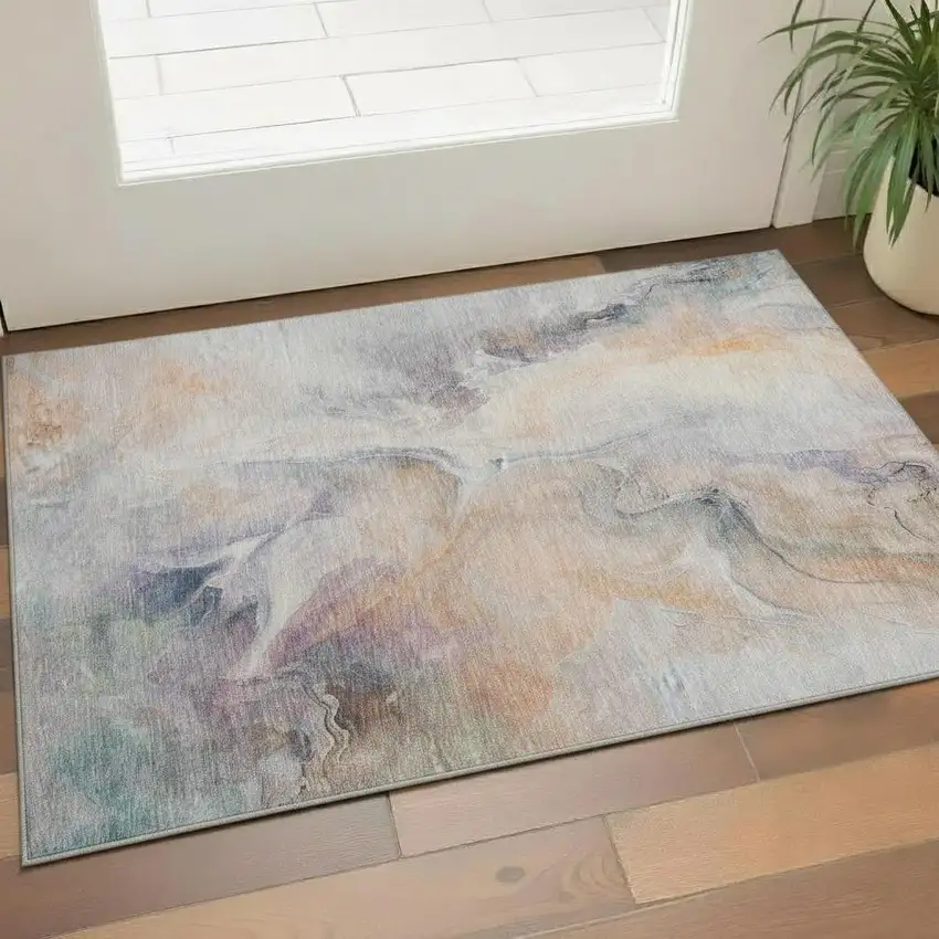 Linen Peach And Ivory Abstract Washable Area Rug With UV Protection Photo 2