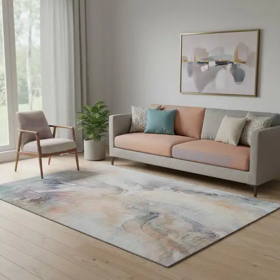 Linen Peach And Ivory Abstract Washable Area Rug With UV Protection Photo 2