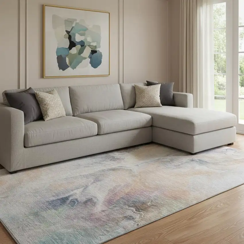 Linen Peach And Ivory Abstract Washable Area Rug With UV Protection Photo 2