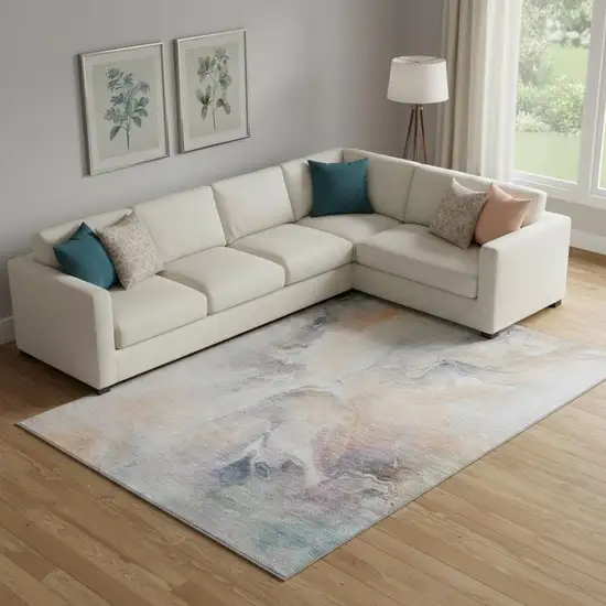 Linen Peach And Ivory Abstract Washable Area Rug With UV Protection Photo 2