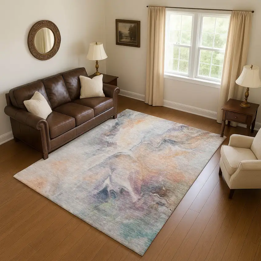 Linen Peach And Ivory Abstract Washable Area Rug With UV Protection Photo 3