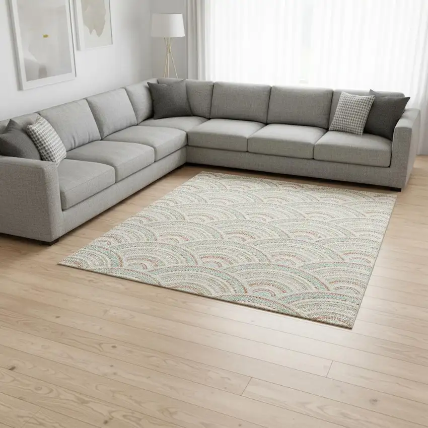 Linen Peach And Ivory Geometric Washable Area Rug With UV Protection Photo 2