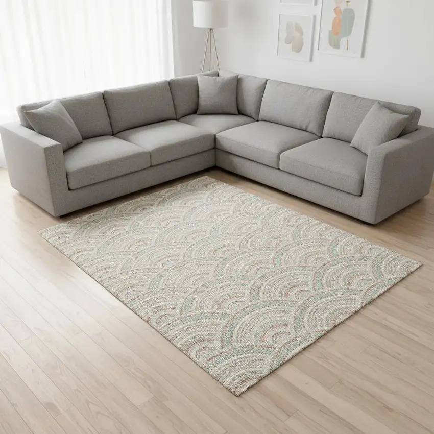 Linen Peach And Ivory Geometric Washable Area Rug With UV Protection Photo 2