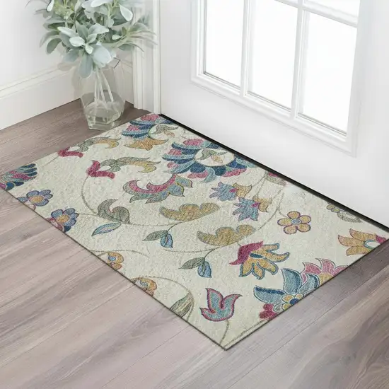 Linen Pink And Blue Floral Washable Area Rug With UV Protection Photo 2