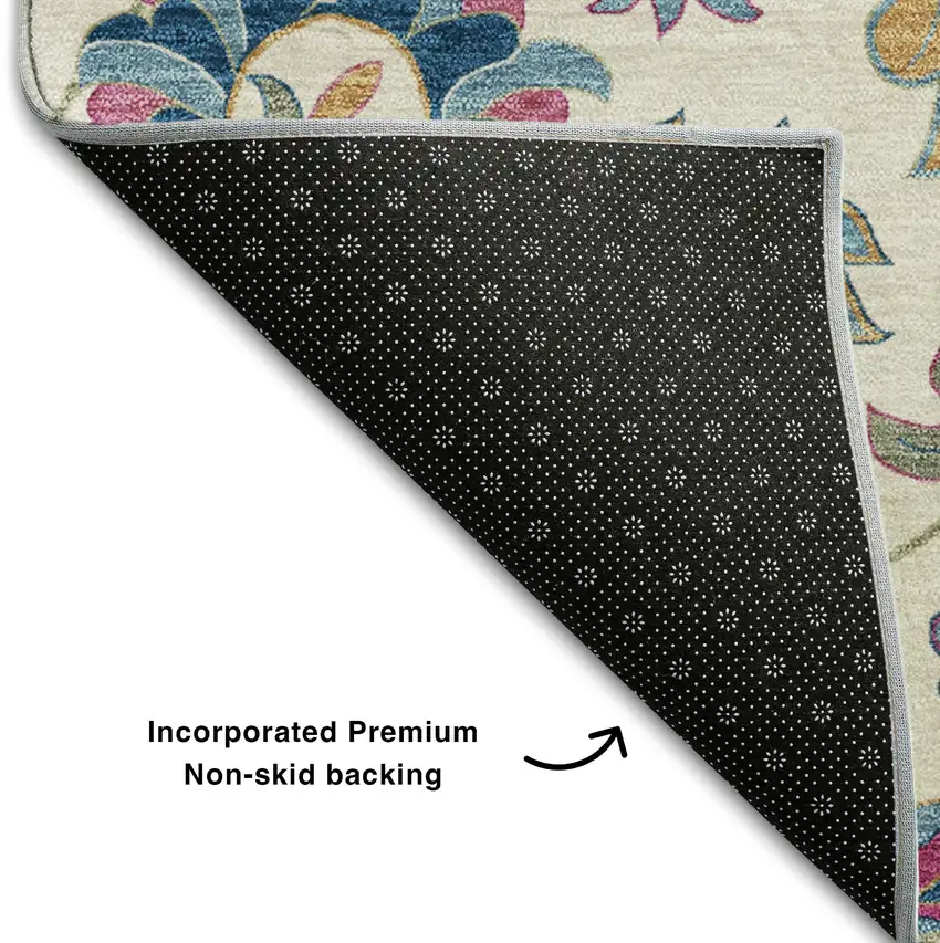 Linen Pink And Blue Floral Washable Area Rug With UV Protection Photo 6