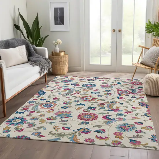 Linen Pink And Blue Floral Washable Area Rug With UV Protection Photo 4