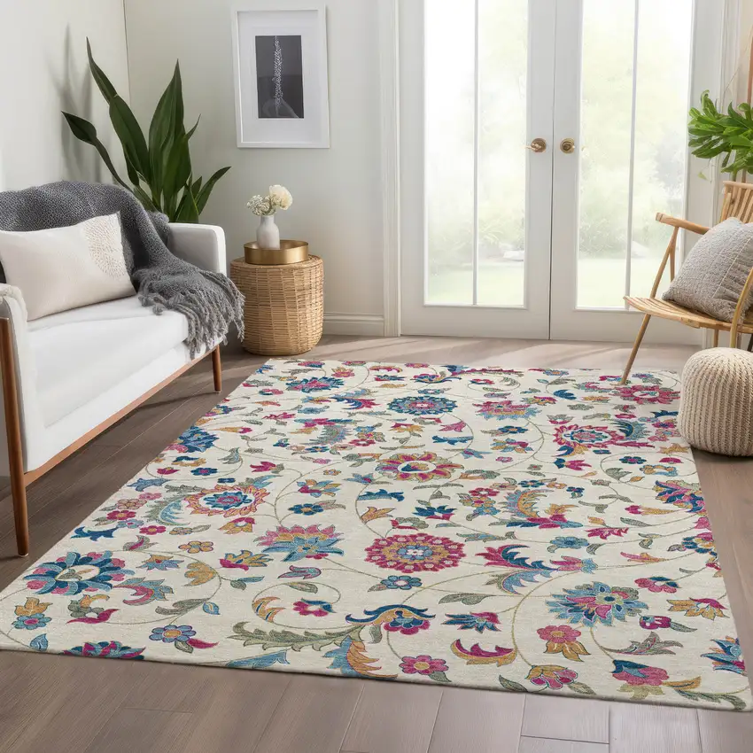 Linen Pink And Blue Floral Washable Area Rug With UV Protection Photo 4