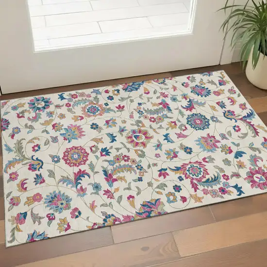 Linen Pink And Blue Floral Washable Area Rug With UV Protection Photo 1
