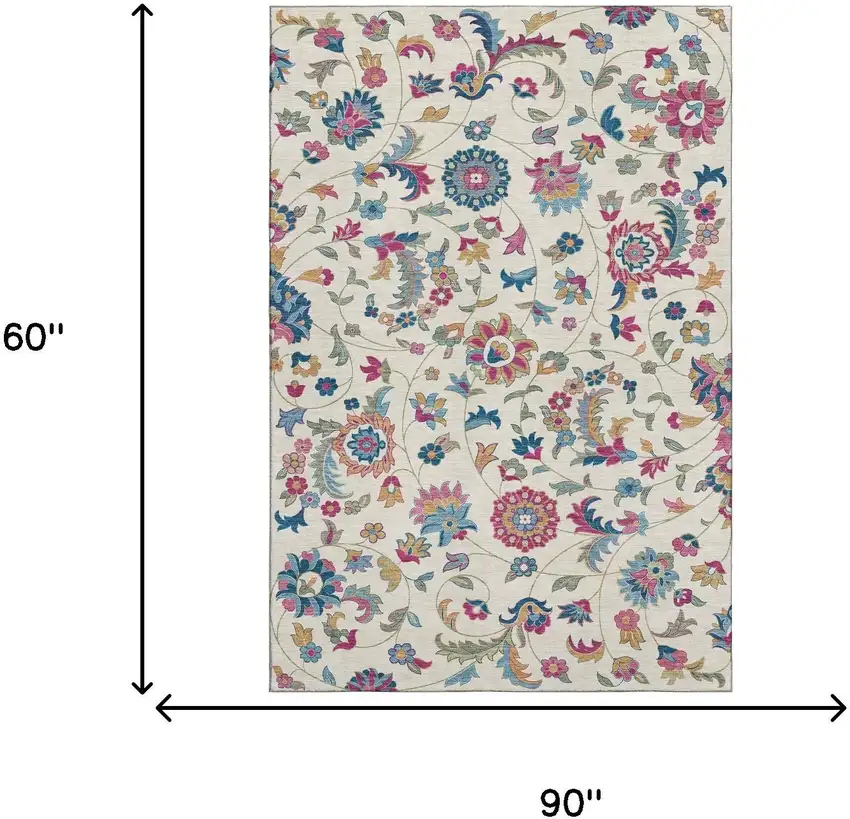 Linen Pink And Blue Floral Washable Area Rug With UV Protection Photo 4