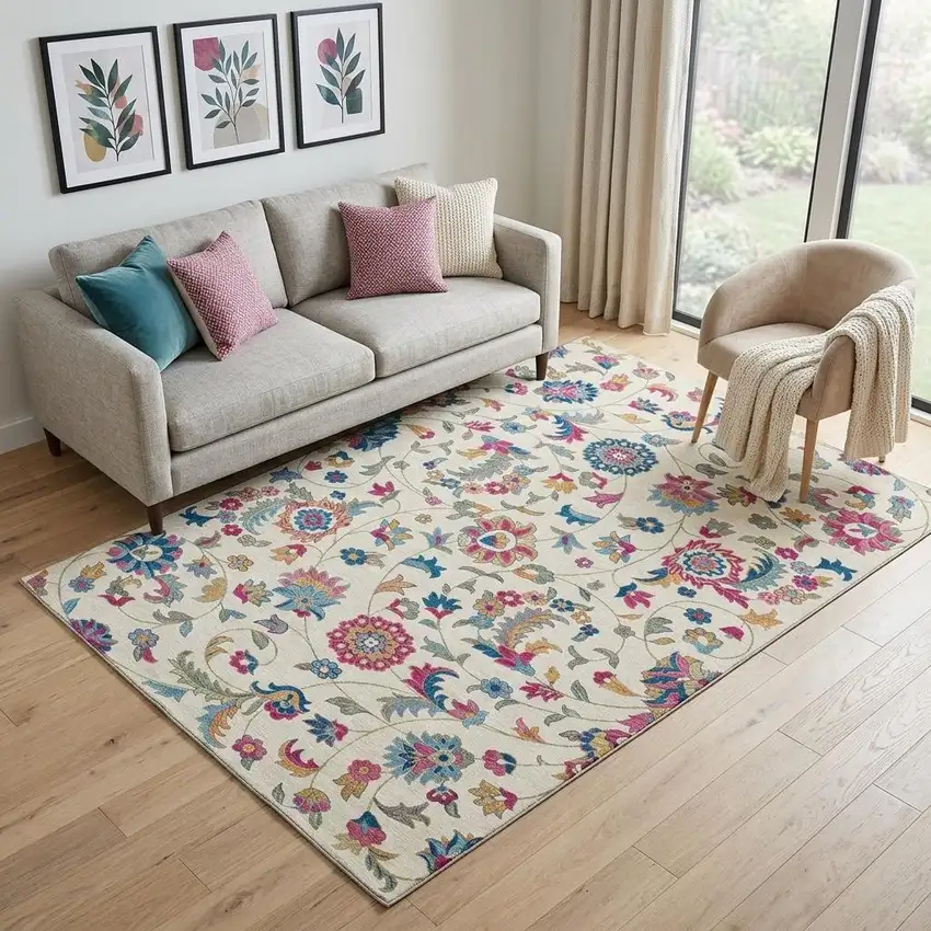 Linen Pink And Blue Floral Washable Area Rug With UV Protection Photo 1