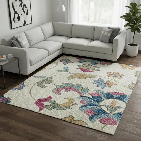 Linen Pink And Blue Floral Washable Area Rug With UV Protection Photo 2