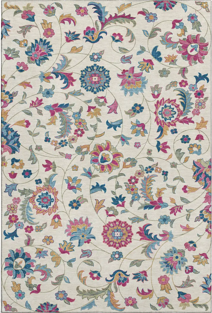 Linen Pink And Blue Floral Washable Area Rug With UV Protection Photo 6