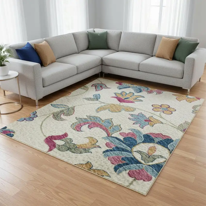 Linen Pink And Blue Floral Washable Area Rug With UV Protection Photo 2