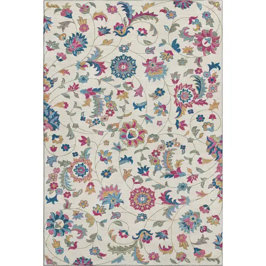 Linen Pink And Blue Floral Washable Area Rug With UV Protection Photo 6