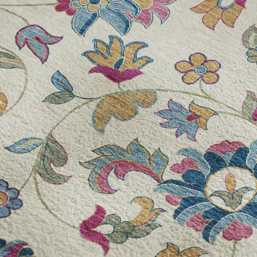 Linen Pink And Blue Floral Washable Area Rug With UV Protection Photo 3