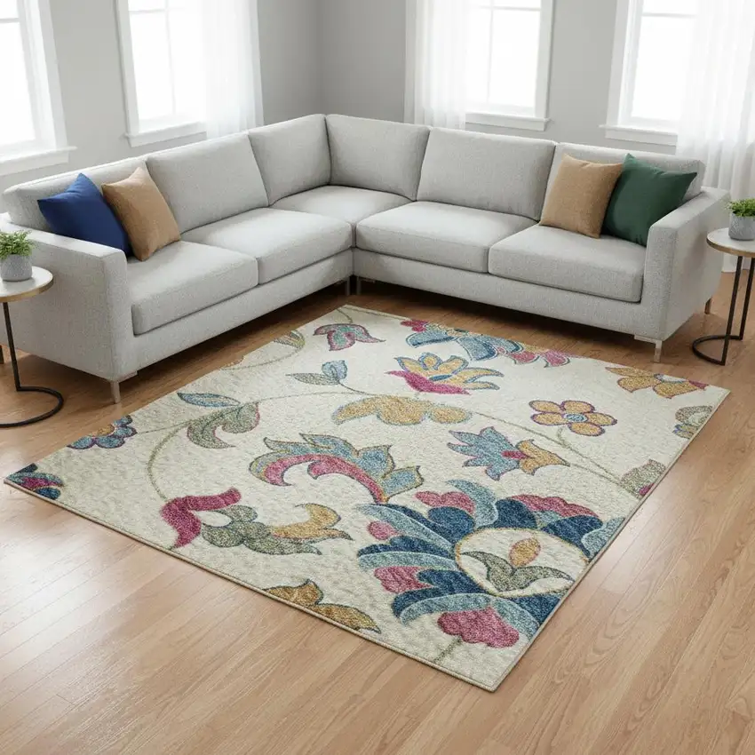 Linen Pink And Blue Floral Washable Area Rug With UV Protection Photo 2
