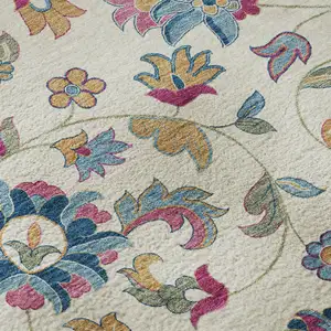 Photo of Linen Pink And Blue Floral Washable Area Rug With UV Protection