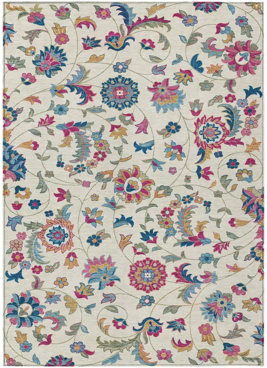 Linen Pink And Denim Blue Floral Washable Indoor Outdoor Area Rug Photo 2