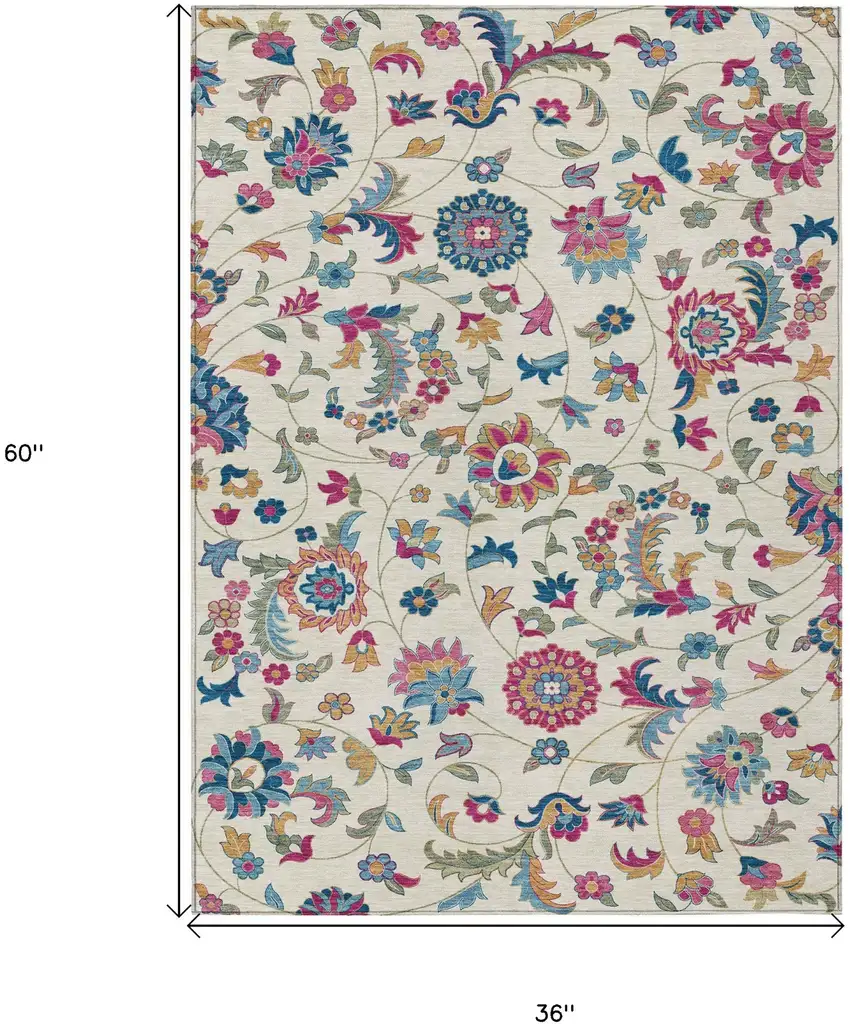 Linen Pink And Denim Blue Floral Washable Indoor Outdoor Area Rug Photo 3
