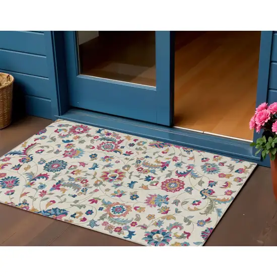 Linen Pink And Denim Blue Floral Washable Indoor Outdoor Area Rug Photo 1
