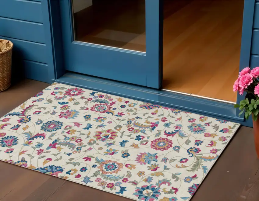 Linen Pink And Denim Blue Floral Washable Indoor Outdoor Area Rug Photo 1