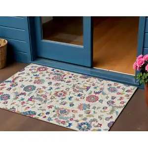 Photo of Linen Pink And Denim Blue Floral Washable Indoor Outdoor Area Rug