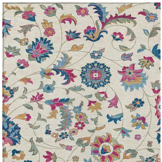 Linen Pink And Denim Blue Floral Washable Indoor Outdoor Area Rug Photo 5
