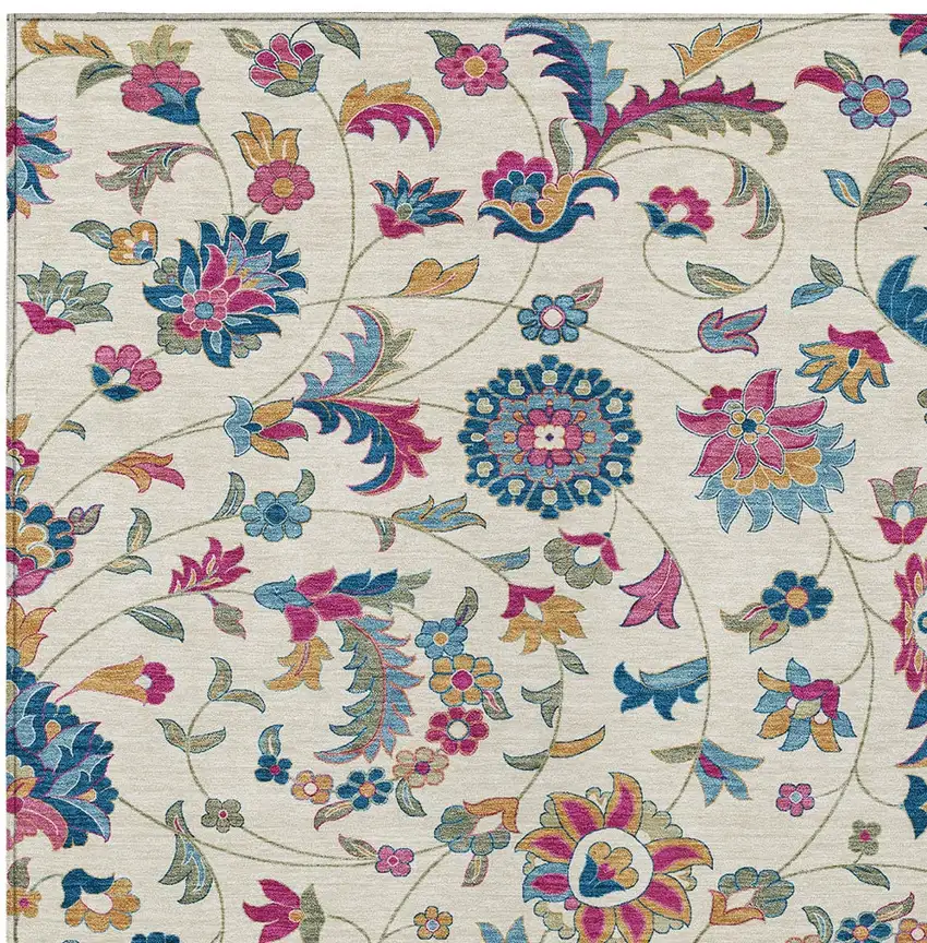 Linen Pink And Denim Blue Floral Washable Indoor Outdoor Area Rug Photo 5