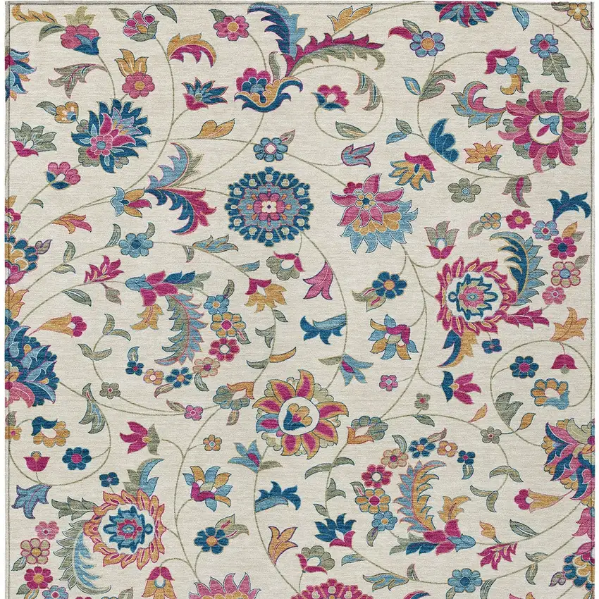 Linen Pink And Denim Blue Floral Washable Indoor Outdoor Area Rug Photo 7