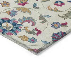 Photo of Linen Pink And Denim Blue Floral Washable Indoor Outdoor Area Rug
