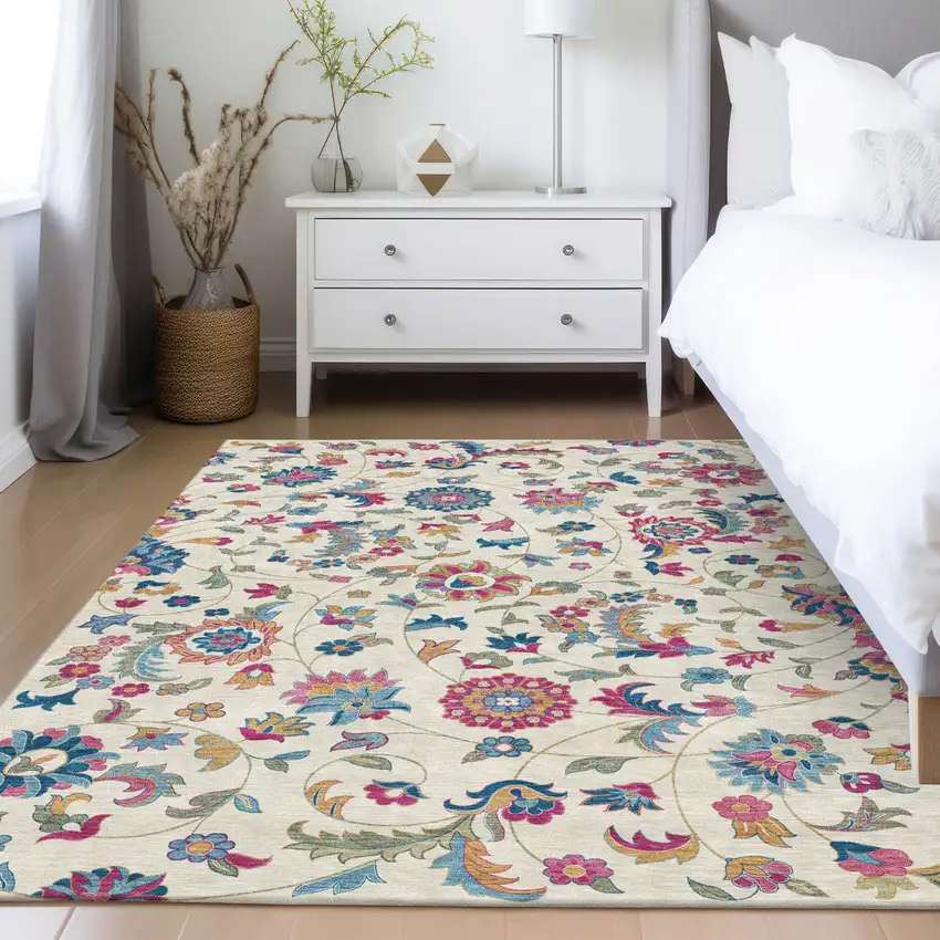 Linen Pink And Denim Blue Floral Washable Indoor Outdoor Area Rug Photo 9