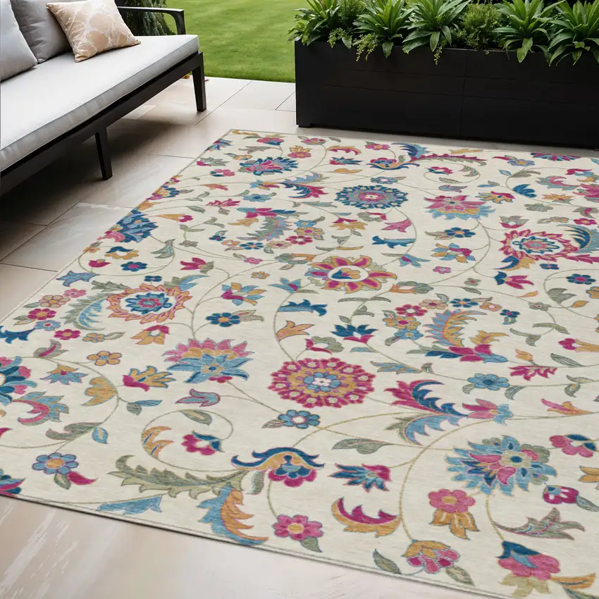 Linen Pink And Denim Blue Floral Washable Indoor Outdoor Area Rug Photo 1