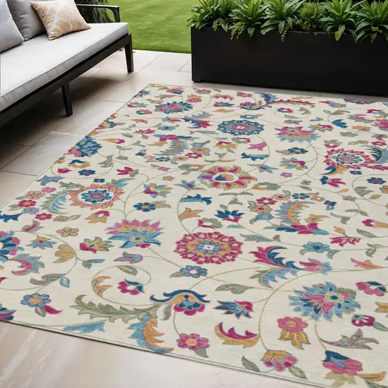 Linen Pink And Denim Blue Floral Washable Indoor Outdoor Area Rug Photo 1