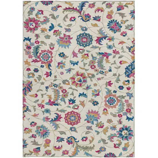 Linen Pink And Denim Blue Floral Washable Indoor Outdoor Area Rug Photo 7
