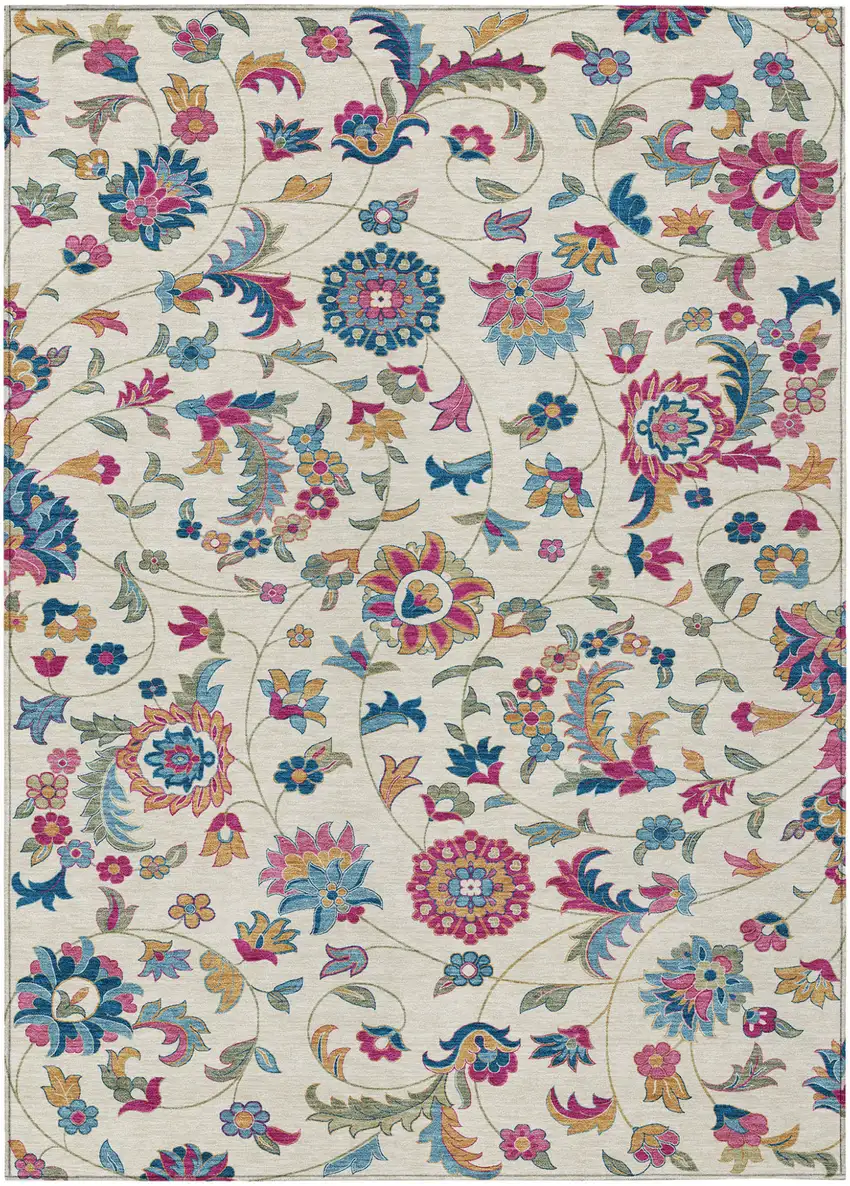Linen Pink And Denim Blue Floral Washable Indoor Outdoor Area Rug Photo 2
