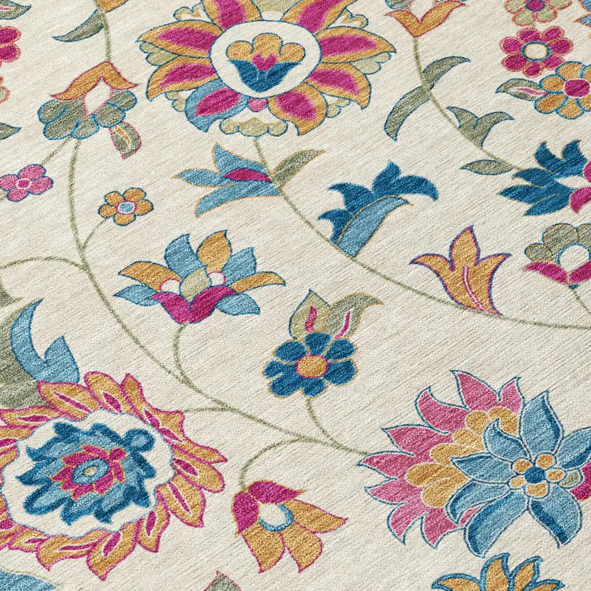 Linen Pink And Denim Blue Floral Washable Indoor Outdoor Area Rug Photo 5