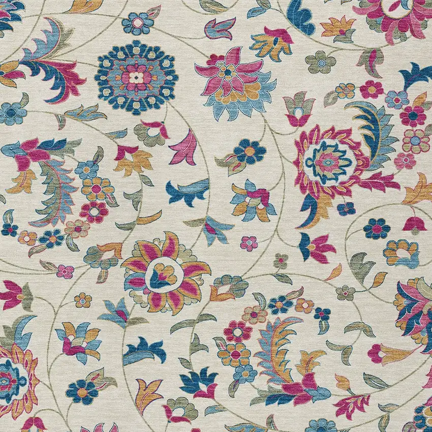Linen Pink And Denim Blue Floral Washable Indoor Outdoor Area Rug Photo 5