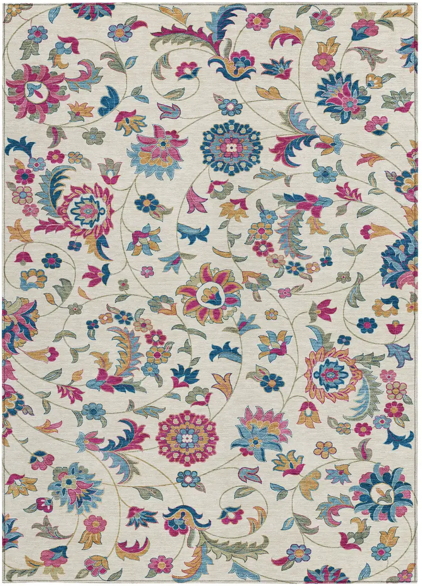 Linen Pink And Denim Blue Floral Washable Indoor Outdoor Area Rug Photo 7