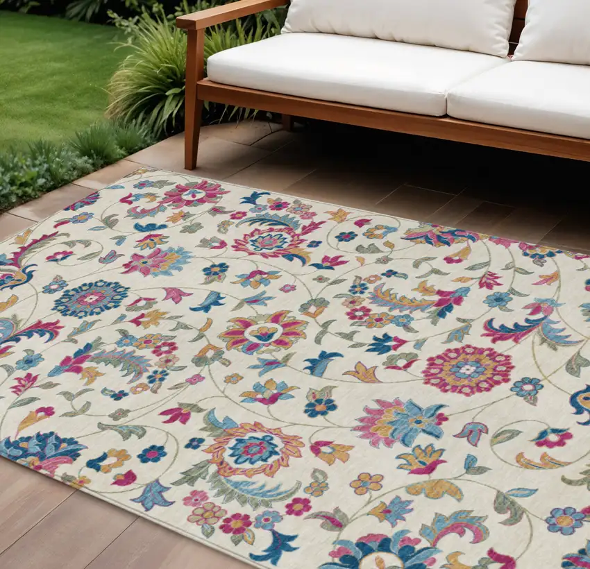 Linen Pink And Denim Blue Floral Washable Indoor Outdoor Area Rug Photo 1
