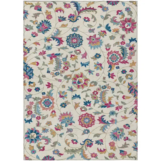 Linen Pink And Denim Blue Floral Washable Indoor Outdoor Area Rug Photo 2