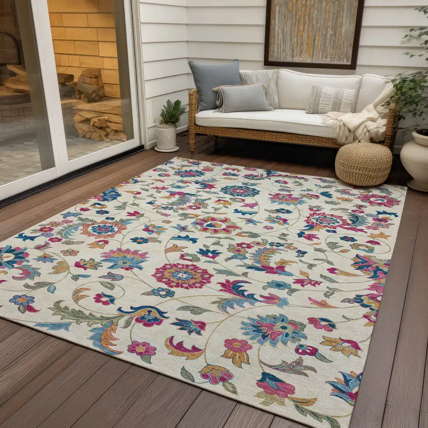 Linen Pink And Denim Blue Floral Washable Indoor Outdoor Area Rug Photo 8