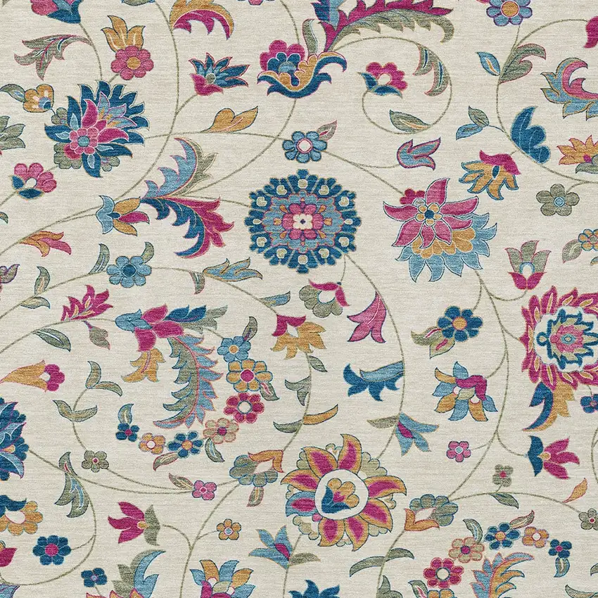 Linen Pink And Denim Blue Floral Washable Indoor Outdoor Area Rug Photo 5