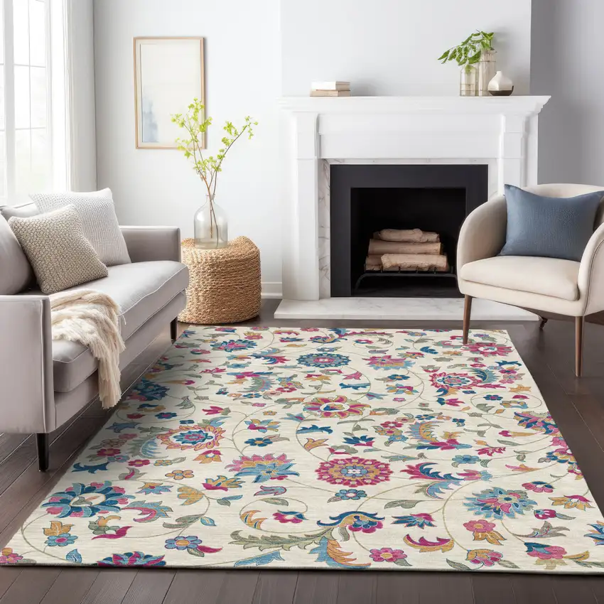 Linen Pink And Denim Blue Floral Washable Indoor Outdoor Area Rug Photo 9