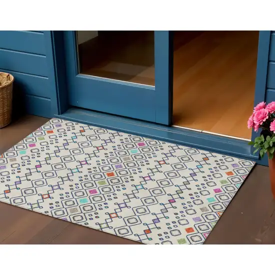 Linen Pink And Orange Geometric Washable Indoor Outdoor Area Rug Photo 1