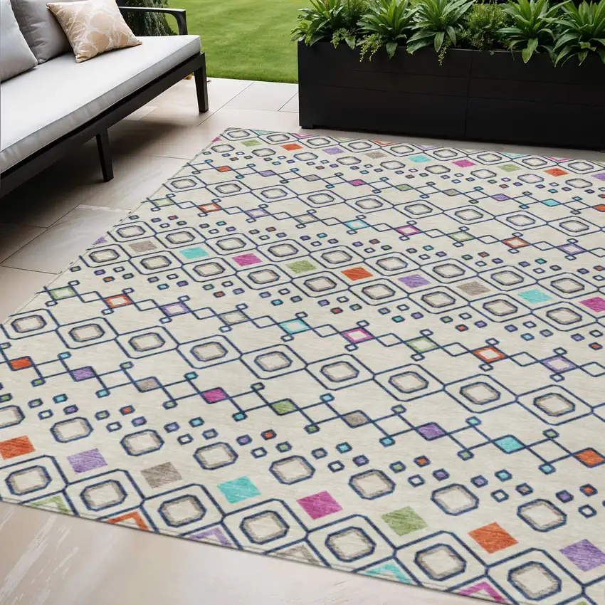 Linen Pink And Orange Geometric Washable Indoor Outdoor Area Rug Photo 1