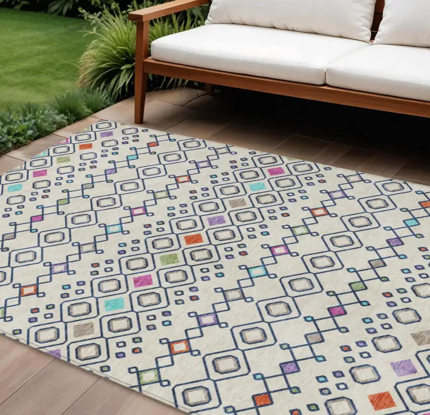 Linen Pink And Orange Geometric Washable Indoor Outdoor Area Rug Photo 1