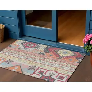 Photo of Linen Pink And Yellow Aztec Washable Indoor Outdoor Area Rug