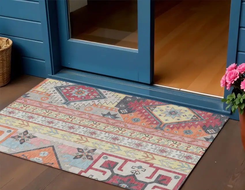 Linen Pink And Yellow Aztec Washable Indoor Outdoor Area Rug Photo 1